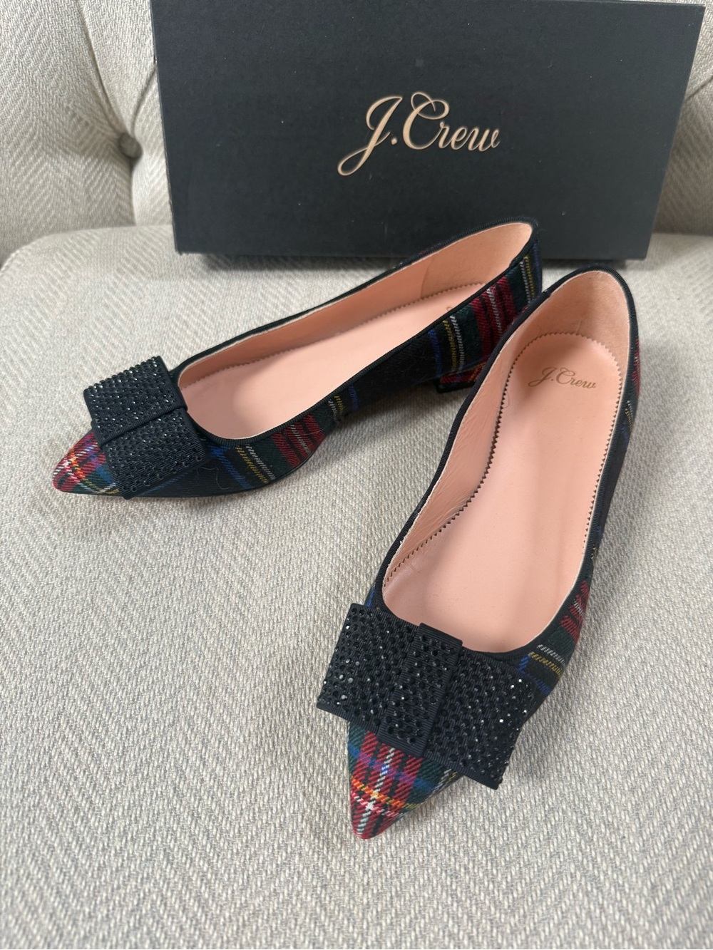 J. Crew Multicolor Plaid Pointed Toe Flats with Black Crystal Bow